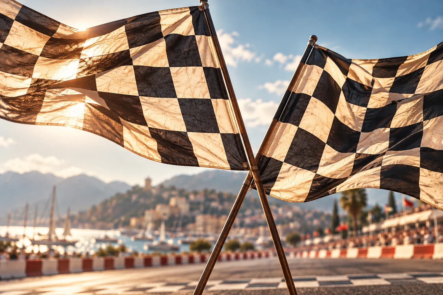 Two checkered racing flags at a coastal finish line