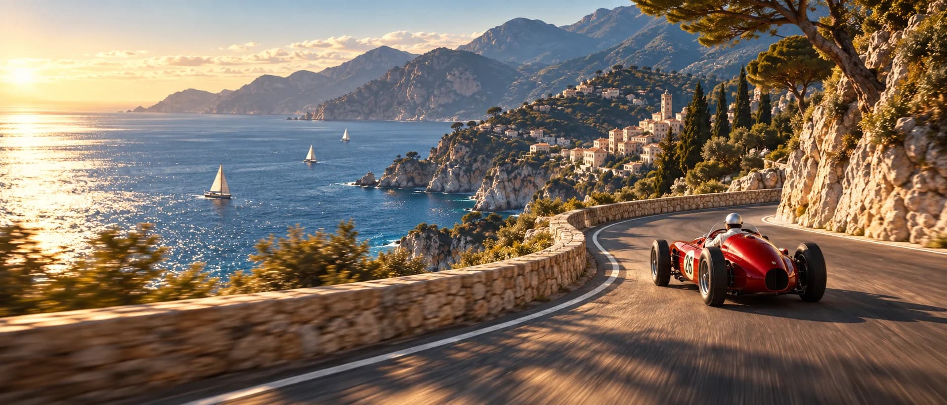 Red vintage race car driving away on a coastal road