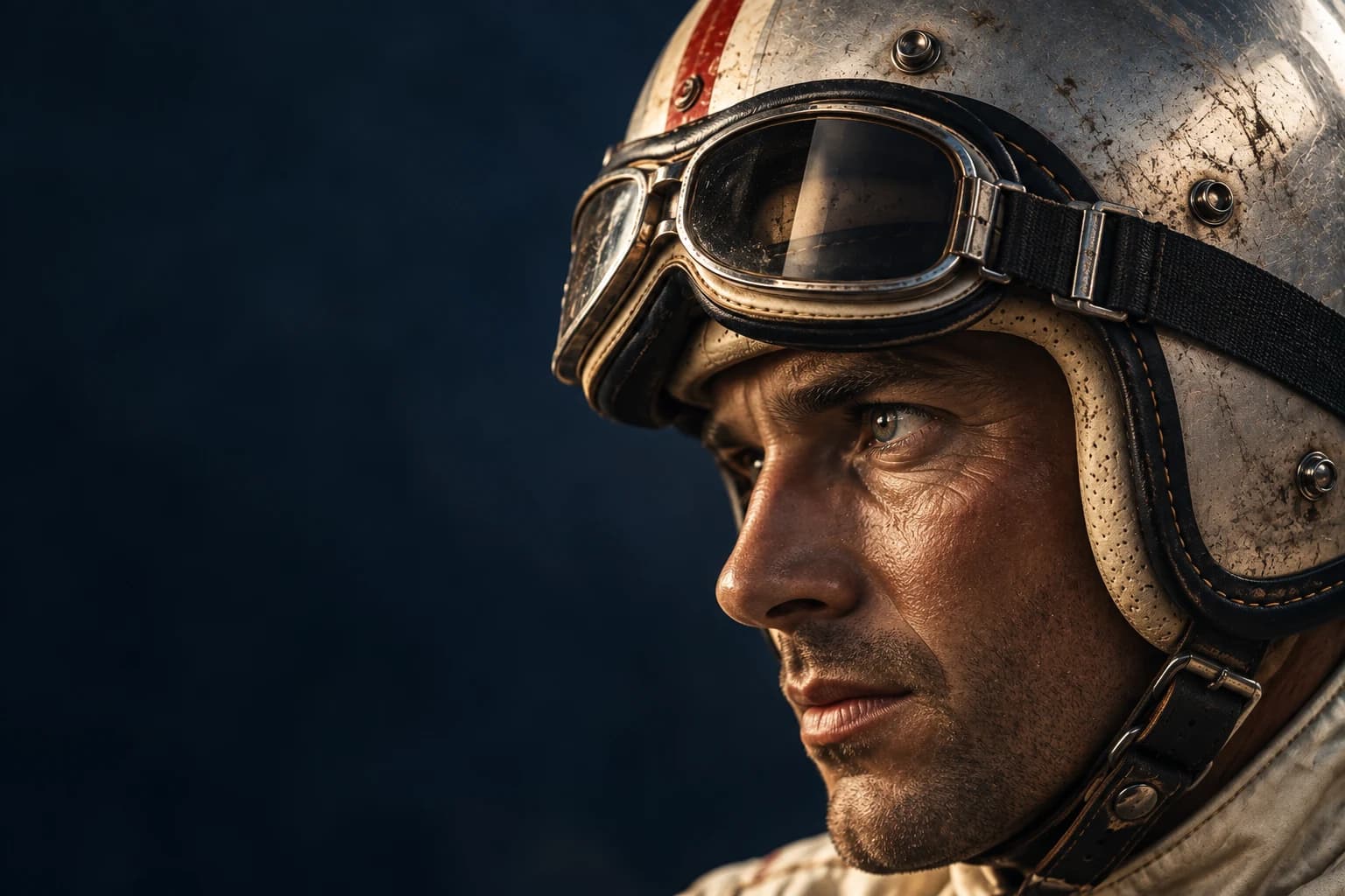 Focused race driver in a vintage silver helmet