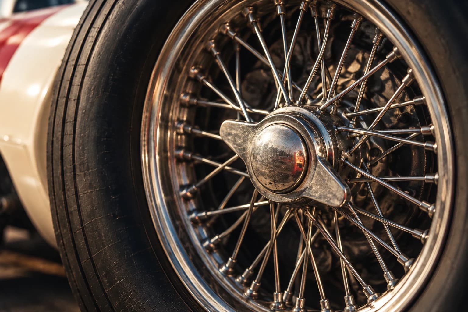 Polished wire wheel on a vintage race car