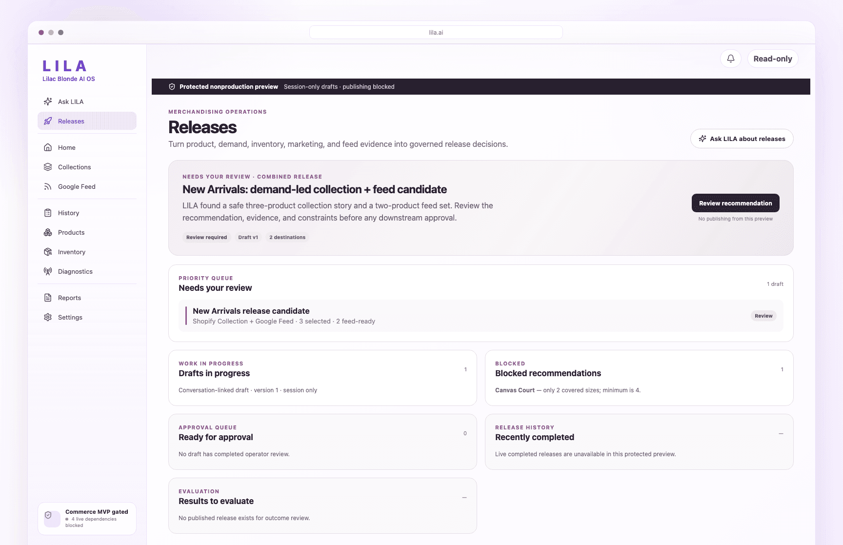 LILA releases workspace showing an AI-assisted merchandising recommendation